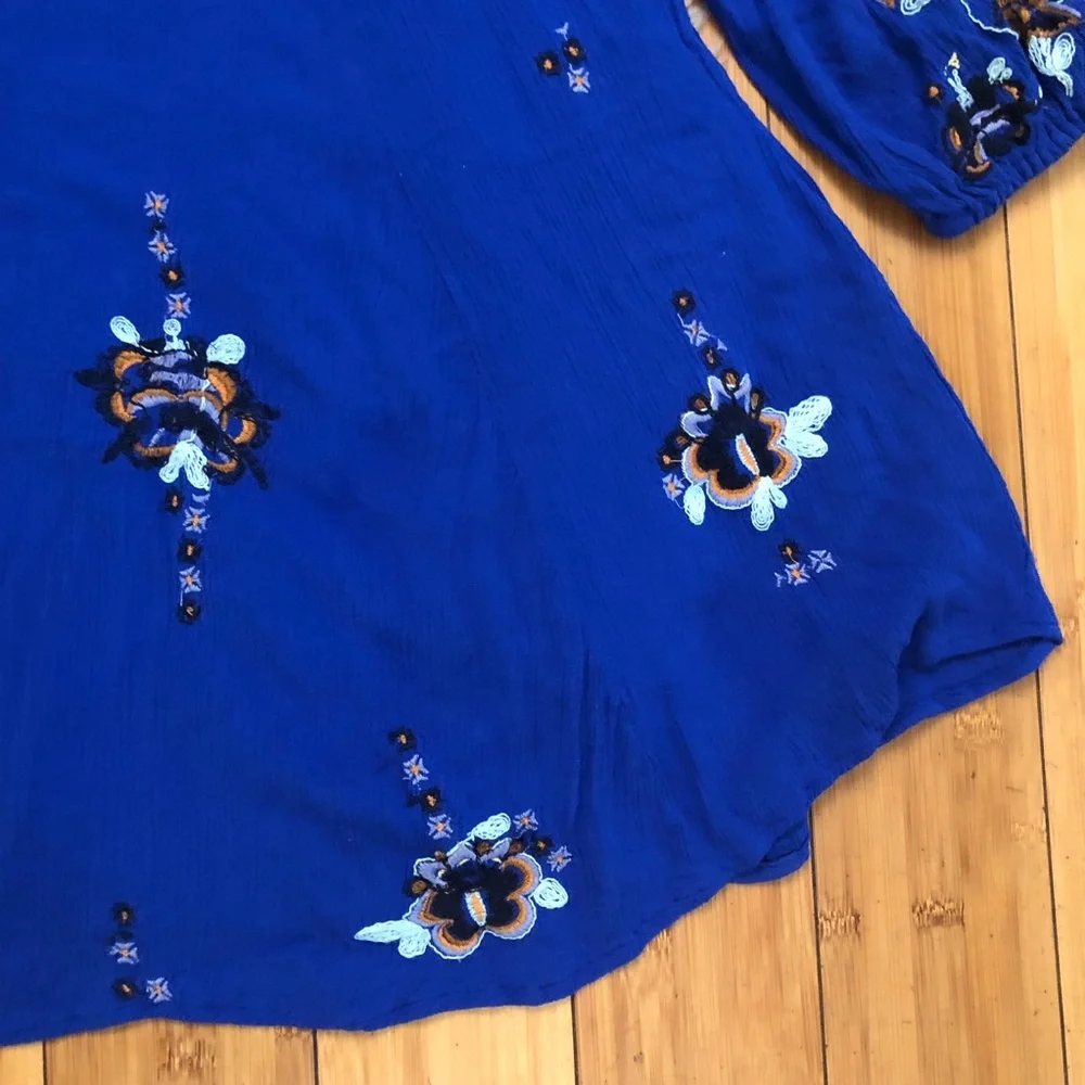 Free People Oxford Babydoll Embroidered Bell Sleeves Cobalt Blue Swing Dress M